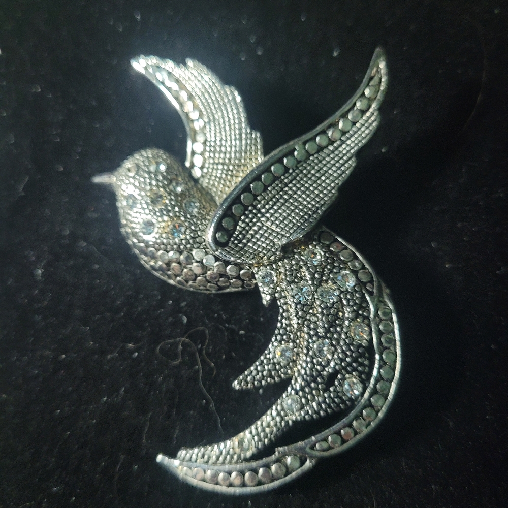 Silver Bird Brooch with Rhinestones